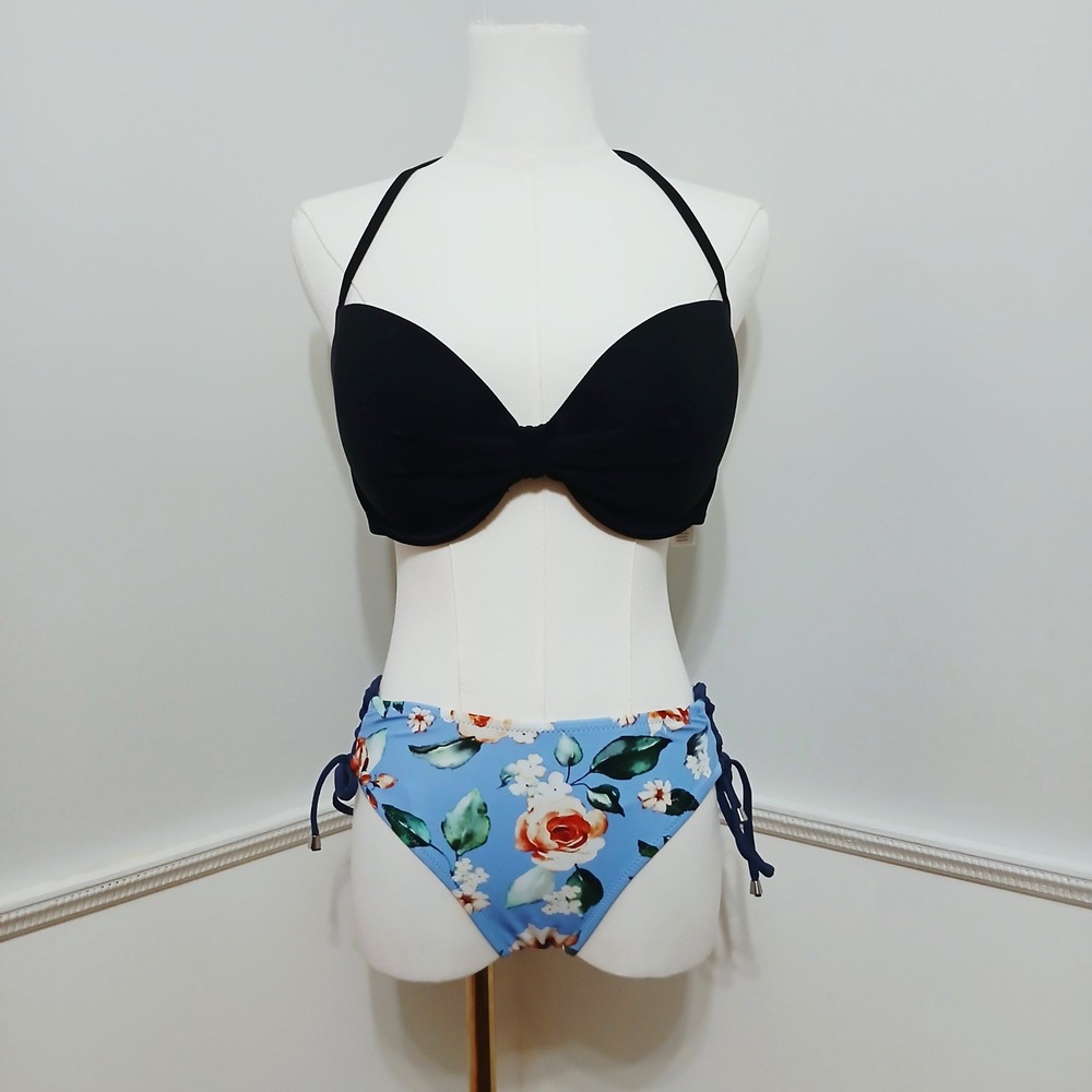 Cupshe Black Halter Bikini Top & Blue Floral Tie-Side Bottoms